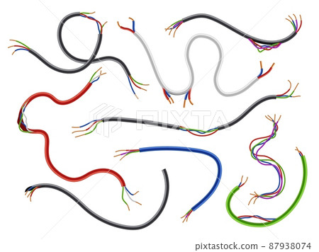 Damaged electrical cables. Realistic flexible broken wires. 3D cords with thin wiring. Various shapes and length pieces. Uninsulated current circuit. Vector torn electricity conductors set Damaged electrical cables. Realistic flexible broken wires. 3D cords with thin wiring. Various shapes and length pieces. Uninsulated current circuit. Vector torn electricity conductors set 87938074