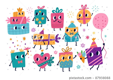 Cute gift boxes. Holiday presents characters, funny birthday paper wrappers, bow and ribbon, pretty cartoon packages with faces, legs and hands. Party decoration objects vector isolated set 87938088