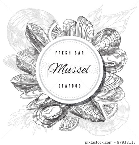 Mussels banner with circle frame engraving vector illustration isolated. 87938115