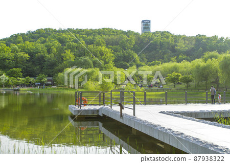 從北首爾夢幻森林的亭子看到的池塘周圍的風景 87938322