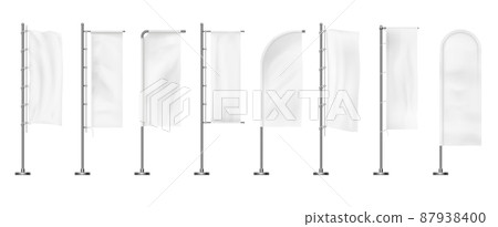 Vertical flag . White promotion fabric on flagpole, realistic waving advertising cloth. Vector set blank banners flags Vertical flag . White promotion fabric on flagpole, realistic waving advertising cloth. Vector set blank banners flags 87938400