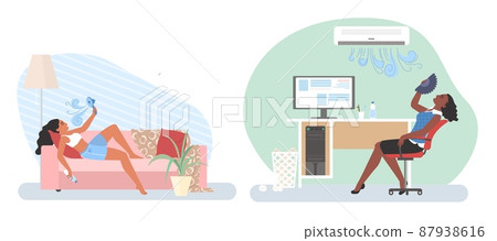 People using air conditioner, fan for cooling office and home, vector illustration. Summer heat, hot weather. People using air conditioner, fan for cooling office and home, vector illustration. Summer heat, hot weather. 87938616