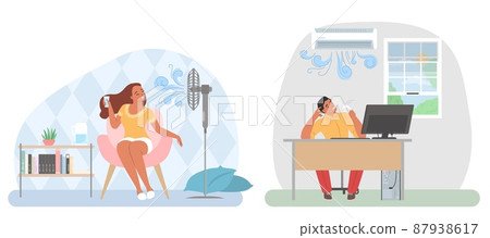 People using air conditioner, fan for cooling office and home, vector illustration. Summer heat, hot weather. People using air conditioner, fan for cooling office and home, vector illustration. Summer heat, hot weather. 87938617