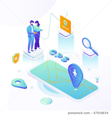 Parents tracking kids location with gps mobile app, vector isometric illustration. Parental control. 87938634