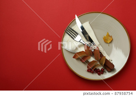 Happy Thanksgiving Day composition on red background Happy Thanksgiving Day composition on red background 87938754