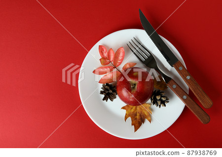 Happy Thanksgiving Day composition on red background Happy Thanksgiving Day composition on red background 87938769