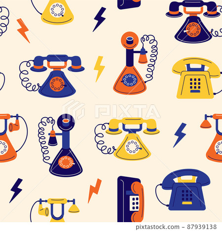 Doodle phones pattern. Seamless print with vintage telephones with spiral cords, number pad dials and headsets. Vector texture of retro phones contact retro with cables Doodle phones pattern. Seamless print with vintage telephones with spiral cords, number pad dials and headsets. Vector texture of retro phones contact retro with cables 87939138