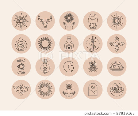 highlight covers. Social media post cover with line abstract esoteric and mystic symbols. Vector isolated set illustration designs mythological symbols colour pastel 87939163