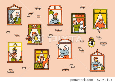 Neighbors in windows. Cartoon people communicating while staying at home. Vector illustration design home people in window Neighbors in windows. Cartoon people communicating while staying at home. Vector illustration design home people in window 87939193