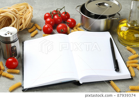 Concept of recipe on gray textured table, space for text Concept of recipe on gray textured table, space for text 87939374