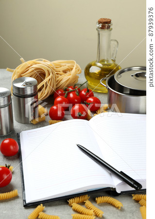 Concept of recipe on gray textured table, space for text Concept of recipe on gray textured table, space for text 87939376