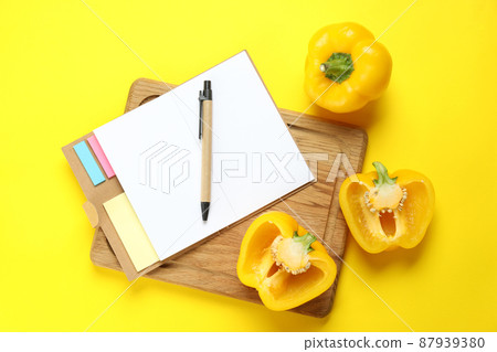 Concept of recipe on yellow background, space for text Concept of recipe on yellow background, space for text 87939380