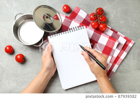 Concept of recipe on gray textured background, space for text Concept of recipe on gray textured background, space for text 87939382