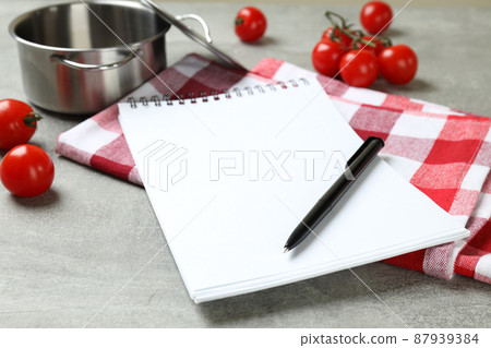 Concept of recipe on gray textured background, space for text Concept of recipe on gray textured background, space for text 87939384