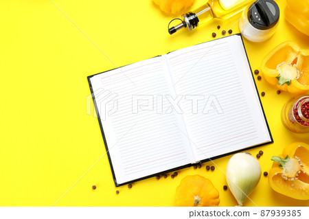 Concept of recipe on yellow background, space for text Concept of recipe on yellow background, space for text 87939385