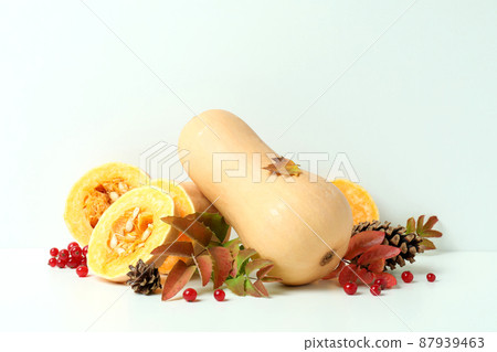 Thanksgiving Day composition with pumpkins on white table Thanksgiving Day composition with pumpkins on white table 87939463