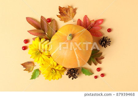 Thanksgiving Day composition with pumpkin on beige background Thanksgiving Day composition with pumpkin on beige background 87939468