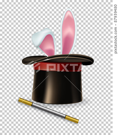 Vector rabbit ears appear from the magic hat and magic wand isolated on transparent background. Vector rabbit ears appear from the magic hat and magic wand isolated on transparent background. 87939480