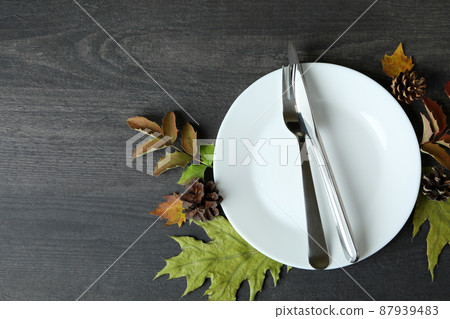 Happy Thanksgiving Day composition on dark wooden background Happy Thanksgiving Day composition on dark wooden background 87939483