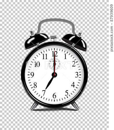Black alarm clock isolated on transparent background. Vector realistic illustration. Black alarm clock isolated on transparent background. Vector realistic illustration. 87939609