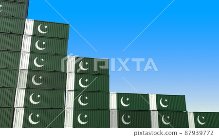 Flag of Pakistan on containers forming declining trend of graph. National crisis or meltdown related conceptual 3D rendering Flag of Pakistan on containers forming declining trend of graph. National crisis or meltdown related conceptual 3D rendering 87939772