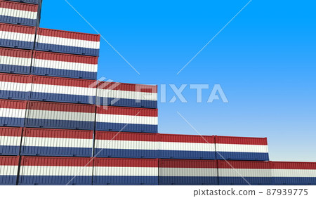 Flag of the Netherlands on containers forming declining trend of graph. National crisis or meltdown related conceptual 3D rendering 87939775