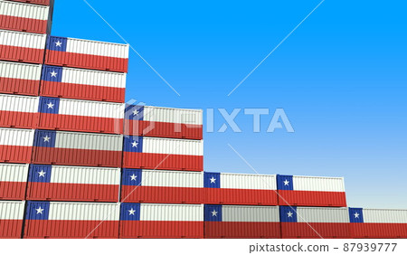 Many containers with flag of Chile represent decreasing trend. Economic or industrial crisis concept. 3D rendering Many containers with flag of Chile represent decreasing trend. Economic or industrial crisis concept. 3D rendering 87939777
