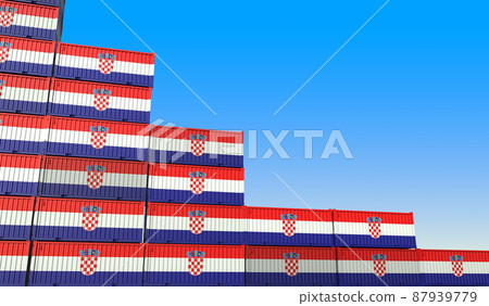 Flag of Croatia on containers forming declining trend of graph. National crisis or meltdown related conceptual 3D rendering Flag of Croatia on containers forming declining trend of graph. National crisis or meltdown related conceptual 3D rendering 87939779