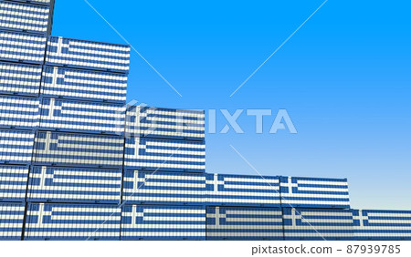 Containers with flag of Greece represent declining trend. Economic or export crisis concept. 3D rendering 87939785