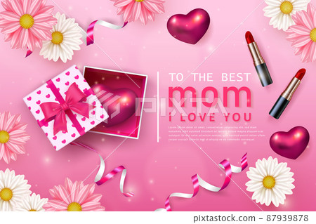 Happy mother's day daisty flower 3D red pink love heart cosmetic lipstic and present gift box with ribbon Happy mother's day daisty flower 3D red pink love heart cosmetic lipstic and present gift box with ribbon 87939878
