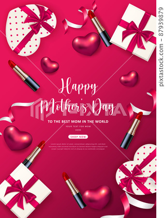 Happy mother's day 3D red pink love heart ribbon cosmetic lipstic and present gift box with ribbon flower Happy mother's day 3D red pink love heart ribbon cosmetic lipstic and present gift box with ribbon flower 87939879