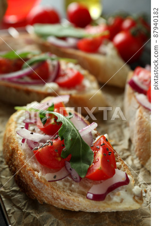 Concept of tasty food with bruschetta snacks 87940182
