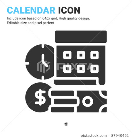 Calendar icon vector with glyph style isolated on white background. Vector illustration time sign symbol icon concept for business, finance, industry, company, apps and all project Calendar icon vector with glyph style isolated on white background. Vector illustration time sign symbol icon concept for business, finance, industry, company, apps and all project 87940461