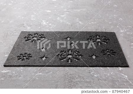 Perspective view of grey tablecloth for food on cement background. Empty space for your design Perspective view of grey tablecloth for food on cement background. Empty space for your design 87940467