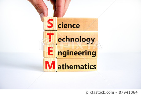 STEM science technology engineering mathematics symbol. Words STEM science technology engineering mathematics on white background. Business STEM science technology engineering mathematics concept. 87941064
