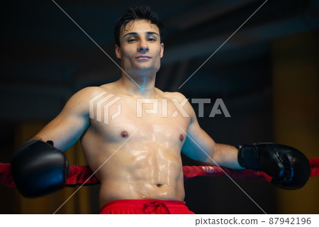 Confident boxer with sweaty torso leaning on rope Confident boxer with sweaty torso leaning on rope 87942196