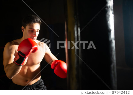 Young boxer in gloves training in gym 87942412