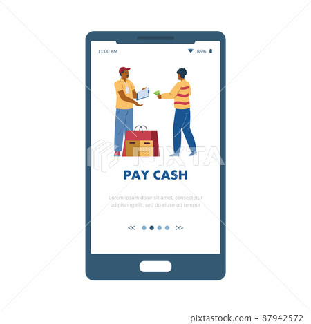 Paying cash onboarding page with courier receives money, vector illustration. Paying cash onboarding page with courier receives money, vector illustration. 87942572