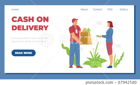 Cash on delivery website with customer and courier flat vector illustration. 87942580