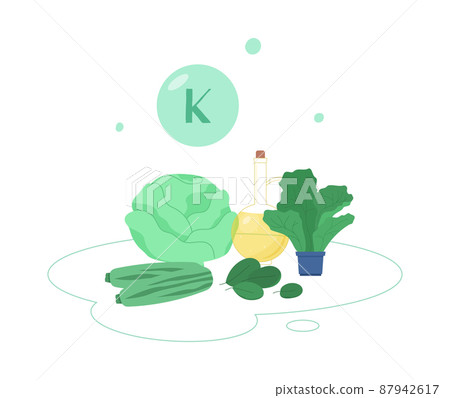 Vitamin K containing foods - cabbage, cucumber, kale, avocado and oil - flat vector illustration on white. Vitamin K containing foods - cabbage, cucumber, kale, avocado and oil - flat vector illustration on white. 87942617