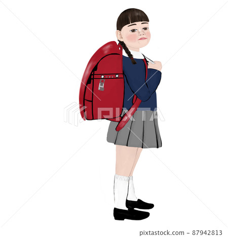 Girl carrying a standing red school bag Girl carrying a standing red school bag 87942813