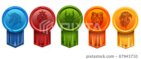 Game badge UI medal icon, victory award set design, ranking medal achievement, animal head logo.  87943710