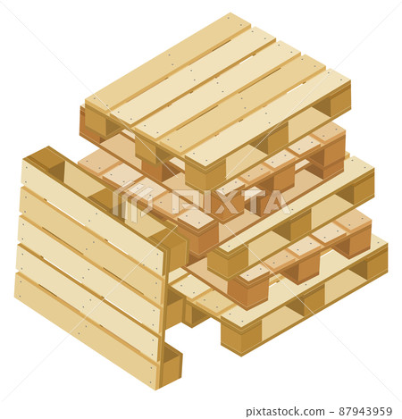 Pile of isometric pallets for packaging and transportation isolated on white. One pallet is leaning against a pile. Pile of isometric pallets for packaging and transportation isolated on white. One pallet is leaning against a pile. 87943959