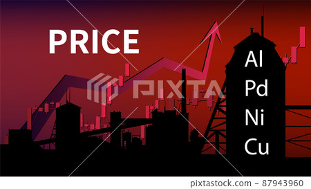 Price growth charts for aluminum, palladium and copper on red background with factory silhouette. World crisis and collapse. Banner for news. 87943960