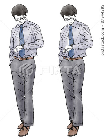 一個男人看手錶的手繪水彩插圖（一組嚴肅的臉和微笑） 87944295