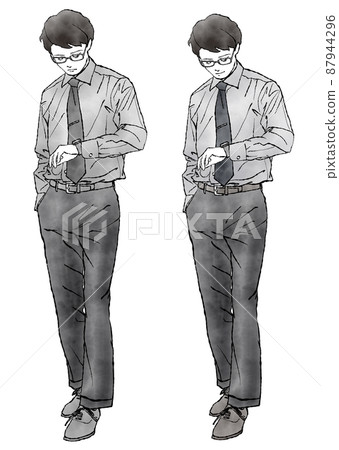 一個男人看手錶的手繪水彩插圖（一組嚴肅的臉和微笑，單色） 87944296