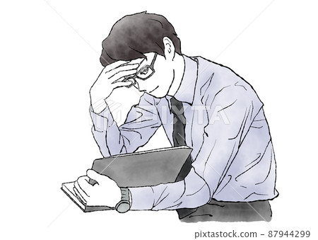 Watercolor hand-drawn illustration of a man reading a book (documents / notebook) intensively (smile version) 87944299