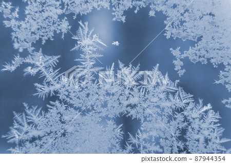 frosty patterns on the window glass closeup. natural textures and backgrounds 87944354