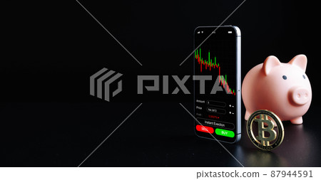 Crypto currency exchange. Pink pig bank, gold crypto currency BTC bitcoin on black background. Bitcoin trading mobile phone app. Save money investment and business finance. 87944591