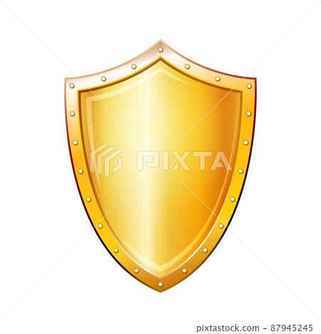 Gold shield shape icon. Golden emblem sign isolated on white Gold shield shape icon. Golden emblem sign isolated on white 87945245